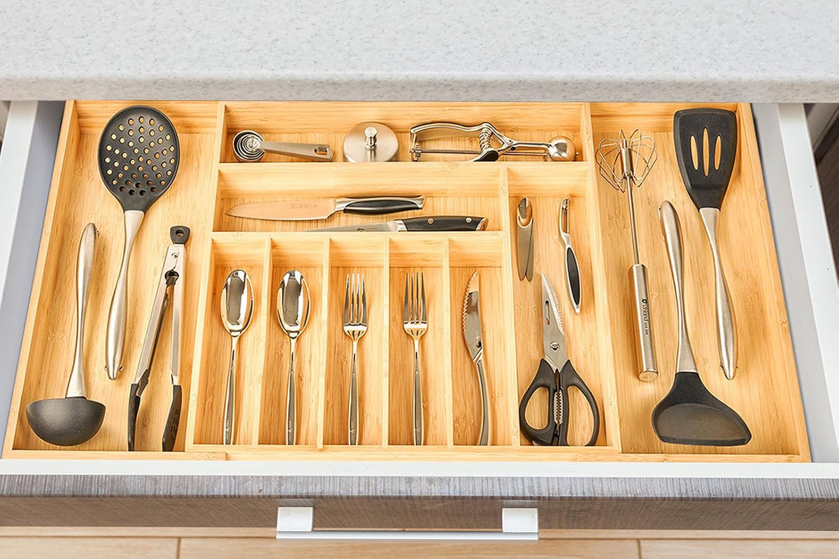 Bamboo Kitchen Drawer Organizer, 11 Inch Silverware Utensils Tray Holder with Grooved Dividers, 2.4" High Wood Caddy for Flatware Cutlery Knives