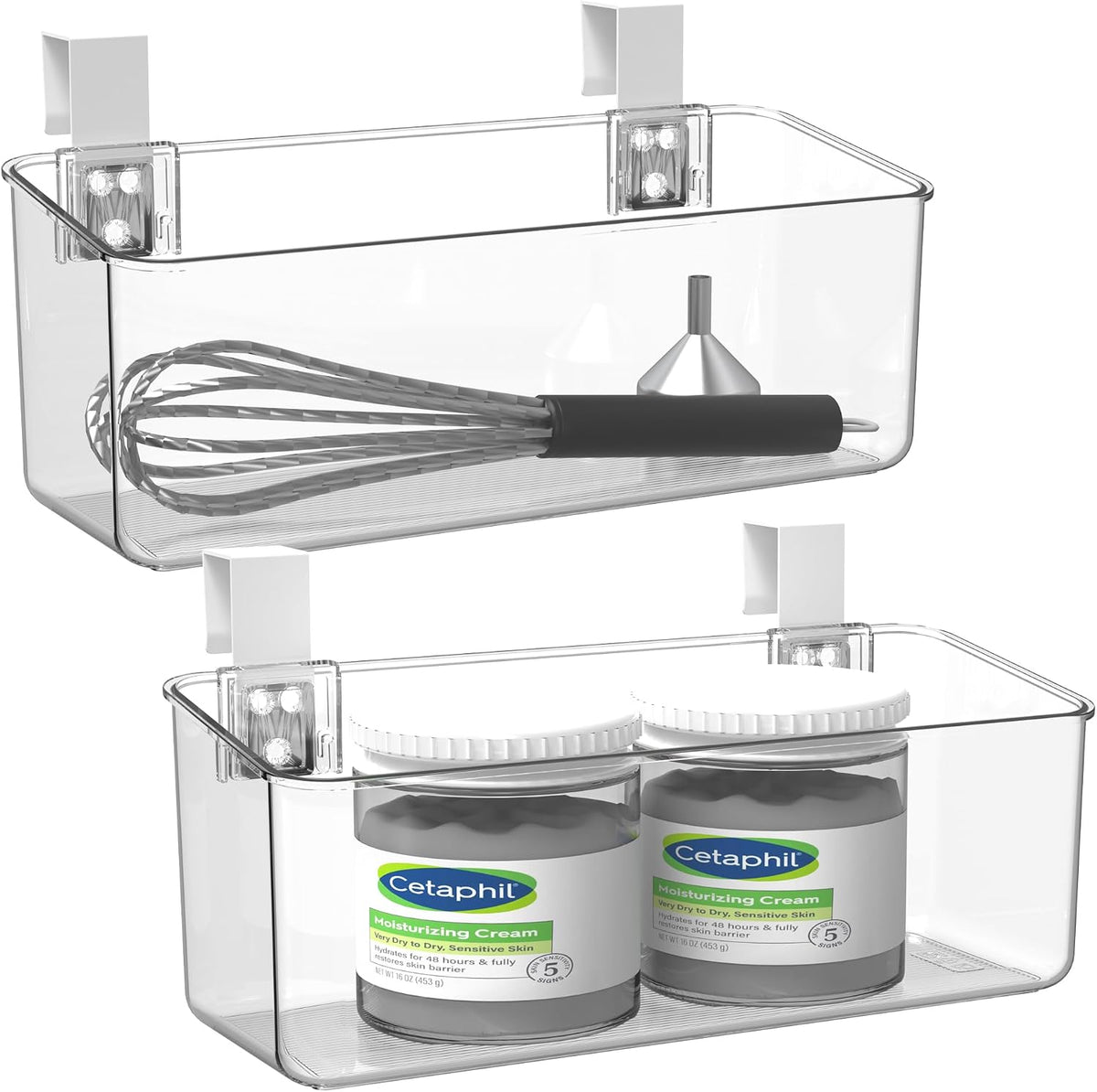 2 Pack Plastic Over Cabinet Door Organizer with Removable Hooks, Clear Hanging Baskets for Organizing Over the Cabinet Organizer Holder for Kitchen, Bathroom-Hang Outside or Inside Door-M