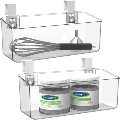 2 Pack Plastic Over Cabinet Door Organizer with Removable Hooks, Clear Hanging Baskets for Organizing Over the Cabinet Organizer Holder for Kitchen, Bathroom-Hang Outside or Inside Door-M