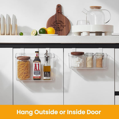 2 Pack Plastic Over Cabinet Door Organizer with Removable Hooks, Clear Hanging Baskets for Organizing Over the Cabinet Organizer Holder for Kitchen, Bathroom-Hang Outside or Inside Door-M