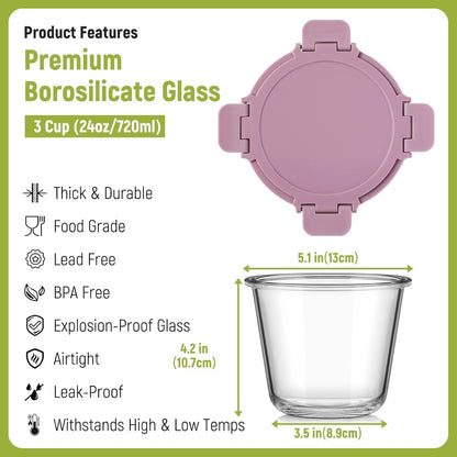 6 Sets 3 Cup 24 OZ Borosilicate Glass Meal Soup Prep Containers with Lids