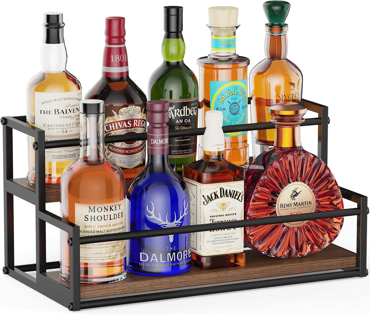 Liquor Bottle Display Shelf, 2 Tier Coffee Syrup Rack Organizer & Bar Shelf Stand for Liquor, Whiskey, Olive Oil, Kitchen Counter & Home Bar Storage