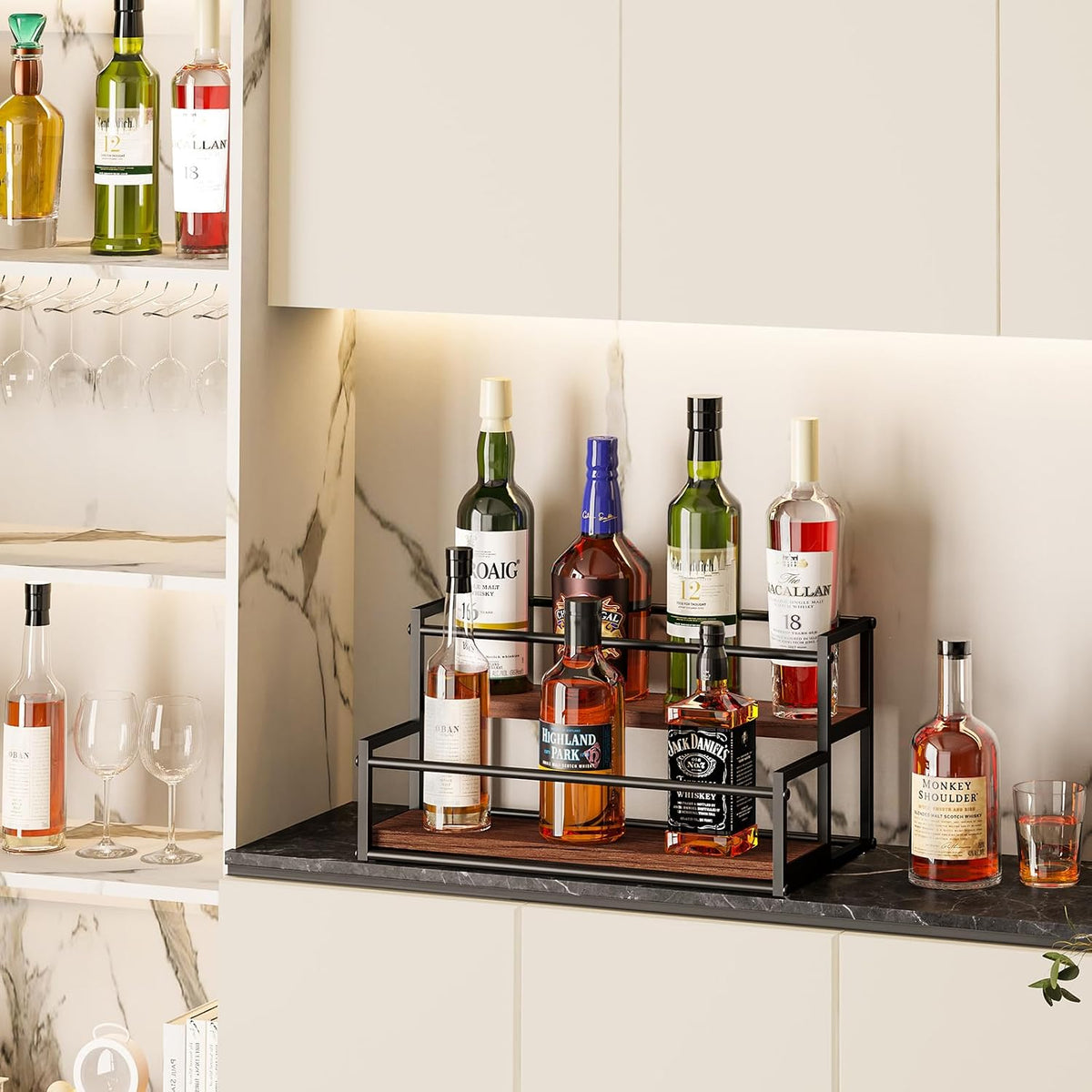 Liquor Bottle Display Shelf, 2 Tier Coffee Syrup Rack Organizer & Bar Shelf Stand for Liquor, Whiskey, Olive Oil, Kitchen Counter & Home Bar Storage