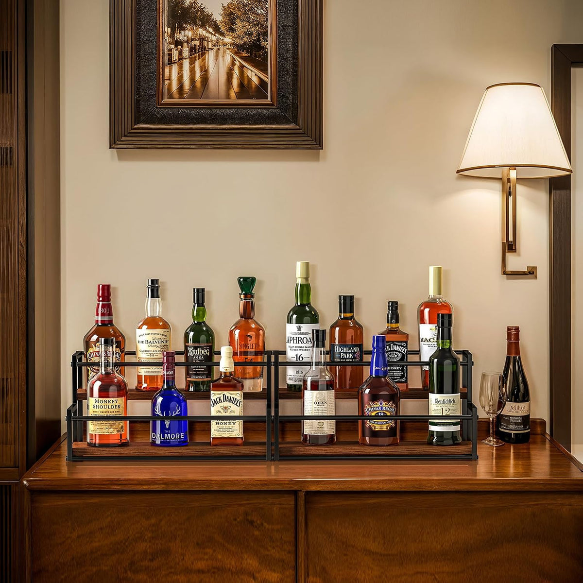 Liquor Bottle Display Shelf, 2 Tier Coffee Syrup Rack Organizer & Bar Shelf Stand for Liquor, Whiskey, Olive Oil, Kitchen Counter & Home Bar Storage