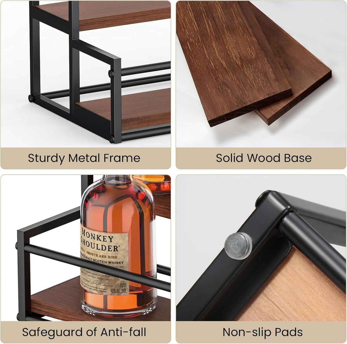 Liquor Bottle Display Shelf, 2 Tier Coffee Syrup Rack Organizer & Bar Shelf Stand for Liquor, Whiskey, Olive Oil, Kitchen Counter & Home Bar Storage
