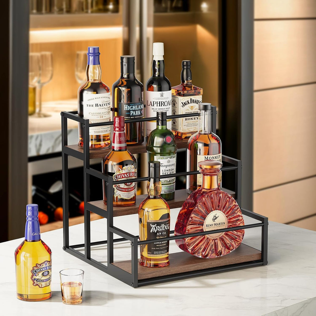 Liquor Bottle Display Shelf, 2 Tier Coffee Syrup Rack Organizer & Bar Shelf Stand for Liquor, Whiskey, Olive Oil, Kitchen Counter & Home Bar Storage