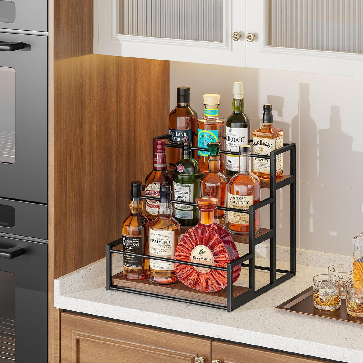 Liquor Bottle Display Shelf, 2 Tier Coffee Syrup Rack Organizer & Bar Shelf Stand for Liquor, Whiskey, Olive Oil, Kitchen Counter & Home Bar Storage