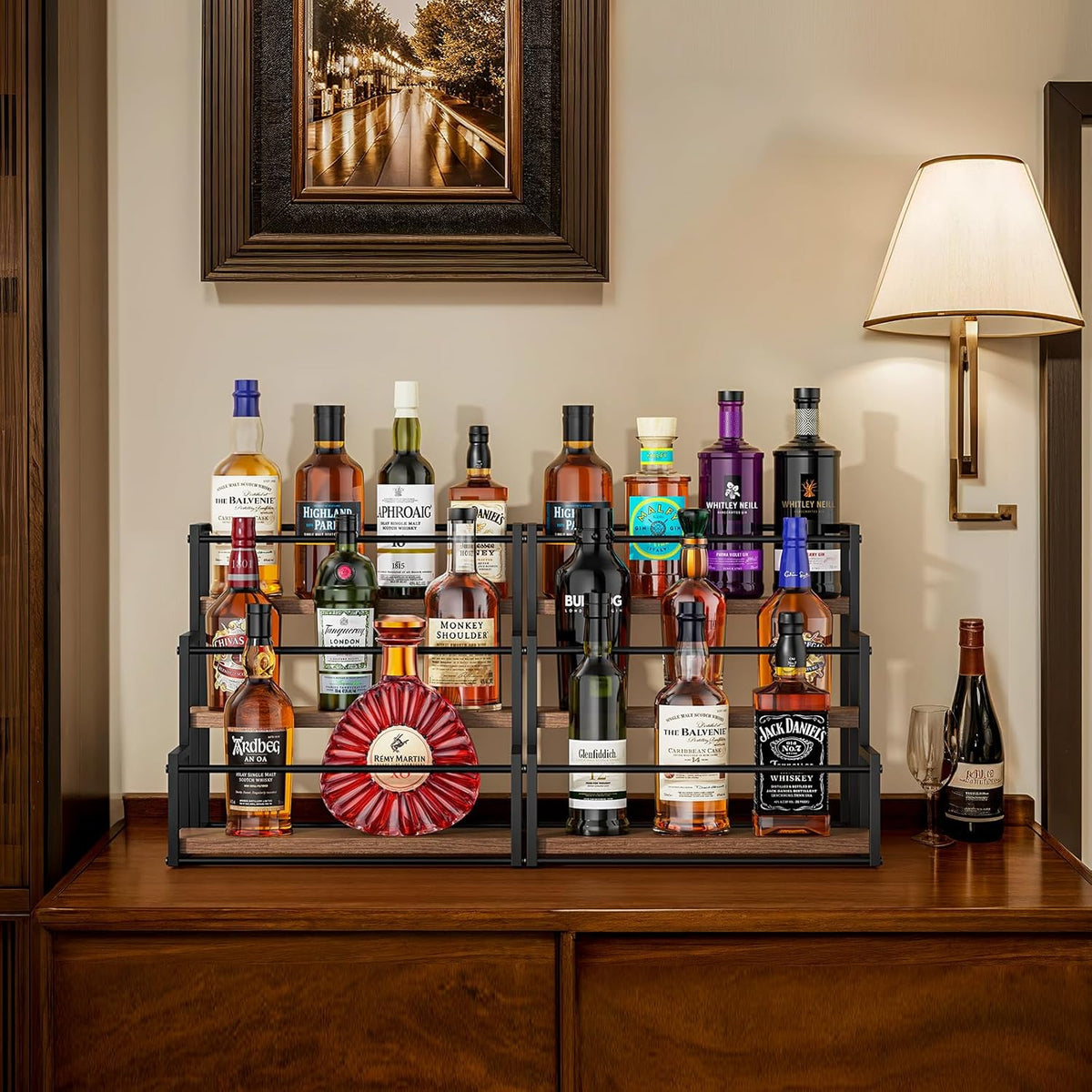 Liquor Bottle Display Shelf, 2 Tier Coffee Syrup Rack Organizer & Bar Shelf Stand for Liquor, Whiskey, Olive Oil, Kitchen Counter & Home Bar Storage