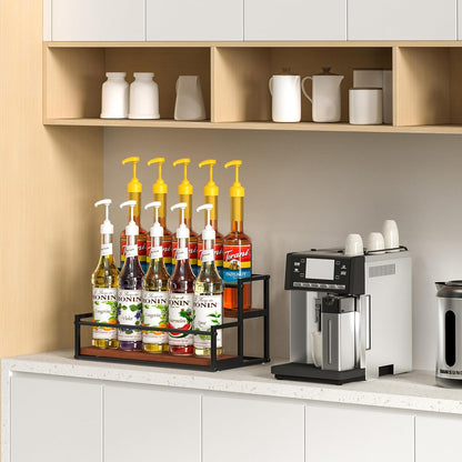 Liquor Bottle Display Shelf, 2 Tier Coffee Syrup Rack Organizer & Bar Shelf Stand for Liquor, Whiskey, Olive Oil, Kitchen Counter & Home Bar Storage