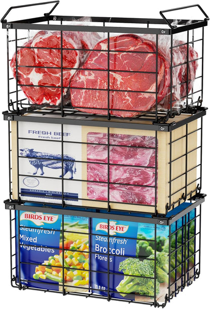 Deep Freezer Organizer Bins - Large Baskets for 5-7 Cu.Ft, 3 Pack | Easy Access Handles, Stackable Wire Baskets, Vertical Storage for Frozen Food, Sorts Meat, Vegetables and Bagged Items, Home