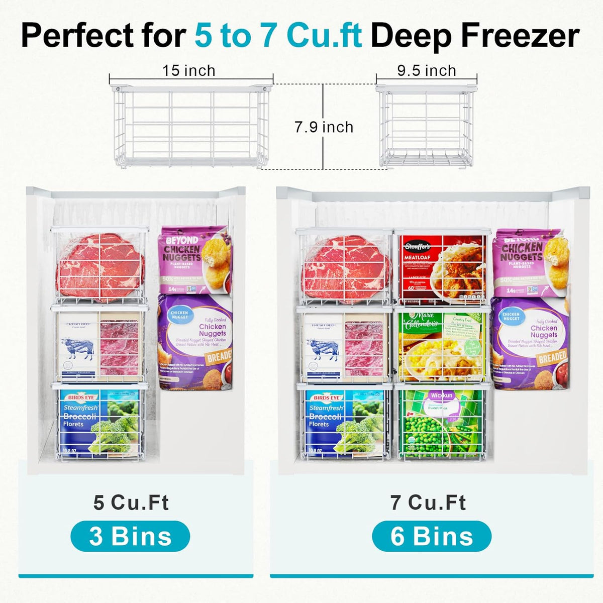 Deep Freezer Organizer Bins - Large Baskets for 5-7 Cu.Ft, 3 Pack | Easy Access Handles, Stackable Wire Baskets, Vertical Storage for Frozen Food, Sorts Meat, Vegetables and Bagged Items, Home
