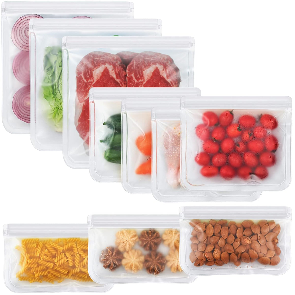 10 Pack Dishwasher Safe Reusable Bags, Leakproof Reusable Freezer Bags, BPA Free Food Storage Bags for Lunch Marinate Food Travel - 3 Gallon 3 Snack 4 Sandwich Bags