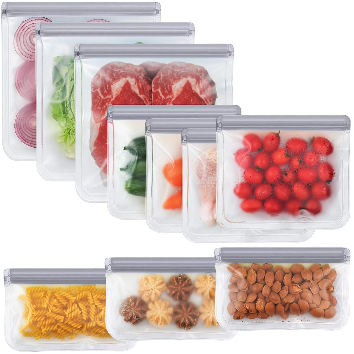 10 Pack Dishwasher Safe Reusable Bags, Leakproof Reusable Freezer Bags, BPA Free Food Storage Bags for Lunch Marinate Food Travel - 3 Gallon 3 Snack 4 Sandwich Bags