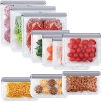 10 Pack Dishwasher Safe Reusable Bags, Leakproof Reusable Freezer Bags, BPA Free Food Storage Bags for Lunch Marinate Food Travel - 3 Gallon 3 Snack 4 Sandwich Bags