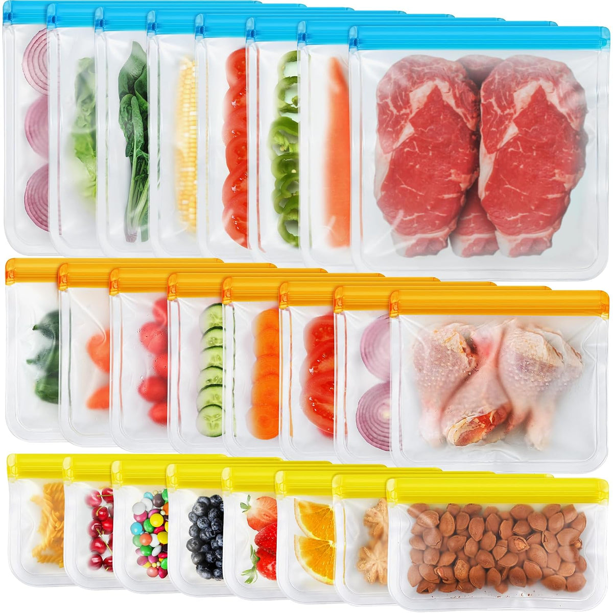 10 Pack Dishwasher Safe Reusable Bags, Leakproof Reusable Freezer Bags, BPA Free Food Storage Bags for Lunch Marinate Food Travel - 3 Gallon 3 Snack 4 Sandwich Bags