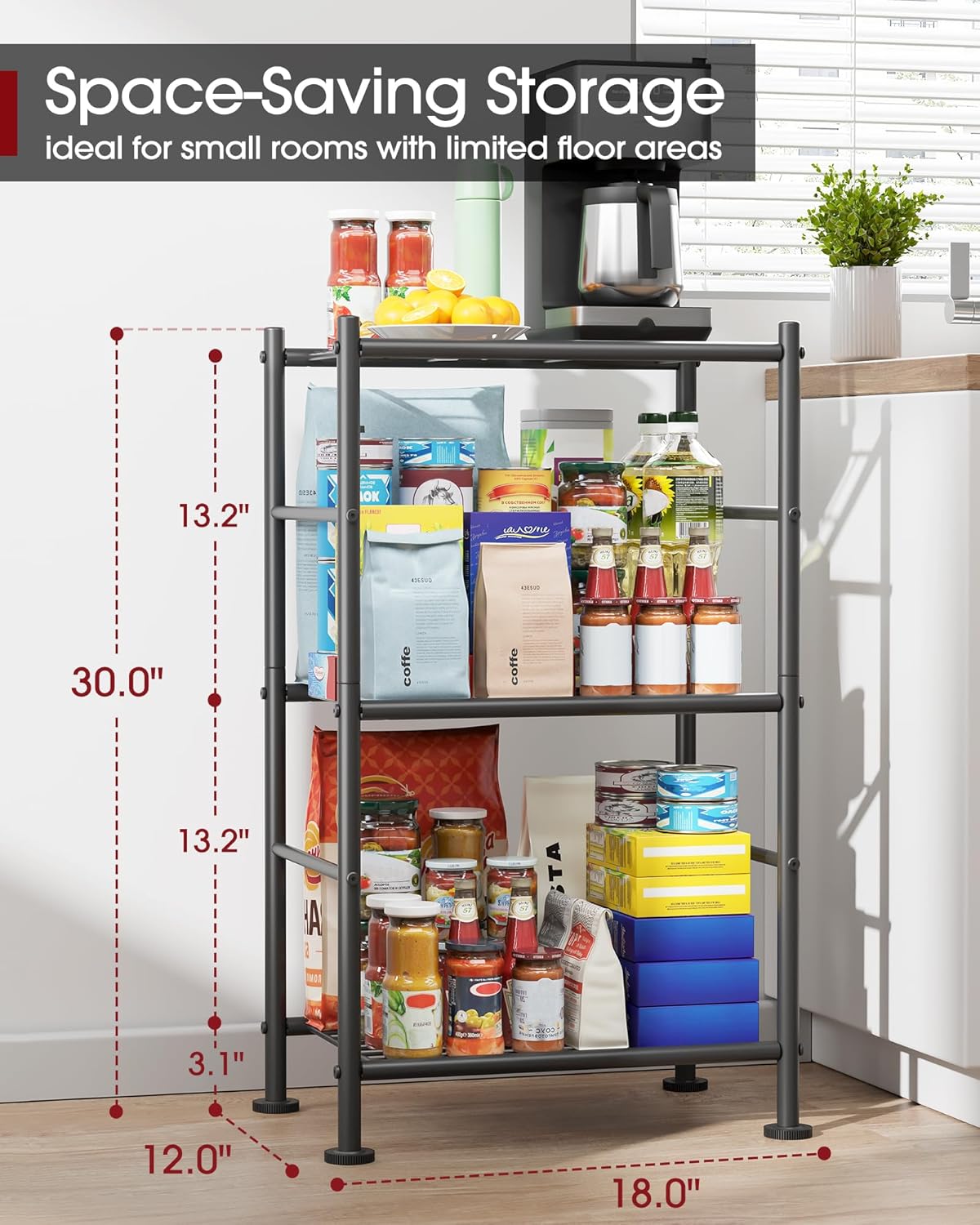3-Tier Metal Storage Shelves Adjustable Feet, 18"x12"x30", Black