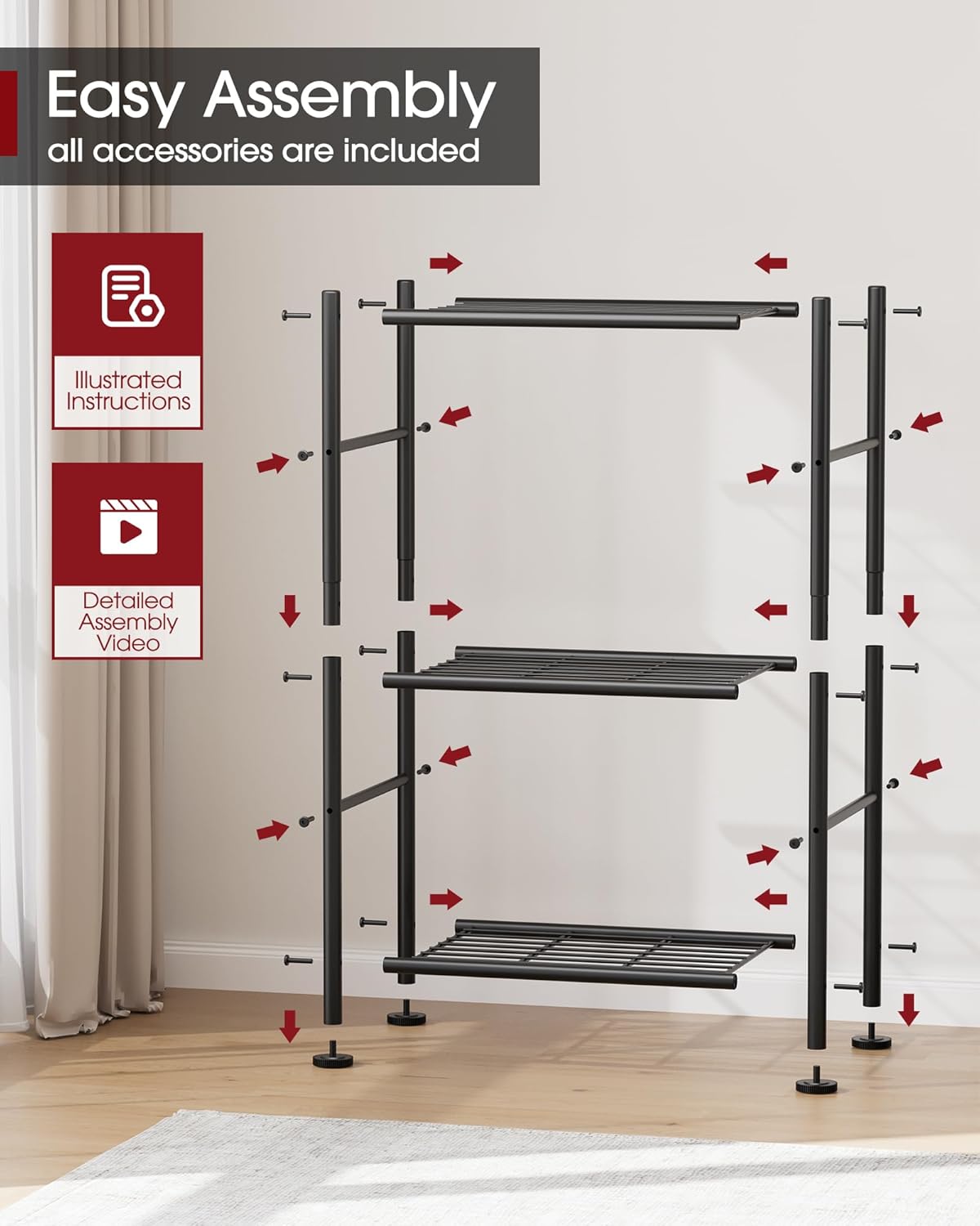 3-Tier Metal Storage Shelves Adjustable Feet, 18"x12"x30", Black