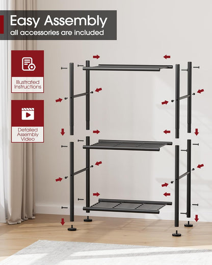 3-Tier Metal Storage Shelves Adjustable Feet, 18"x12"x30", Black