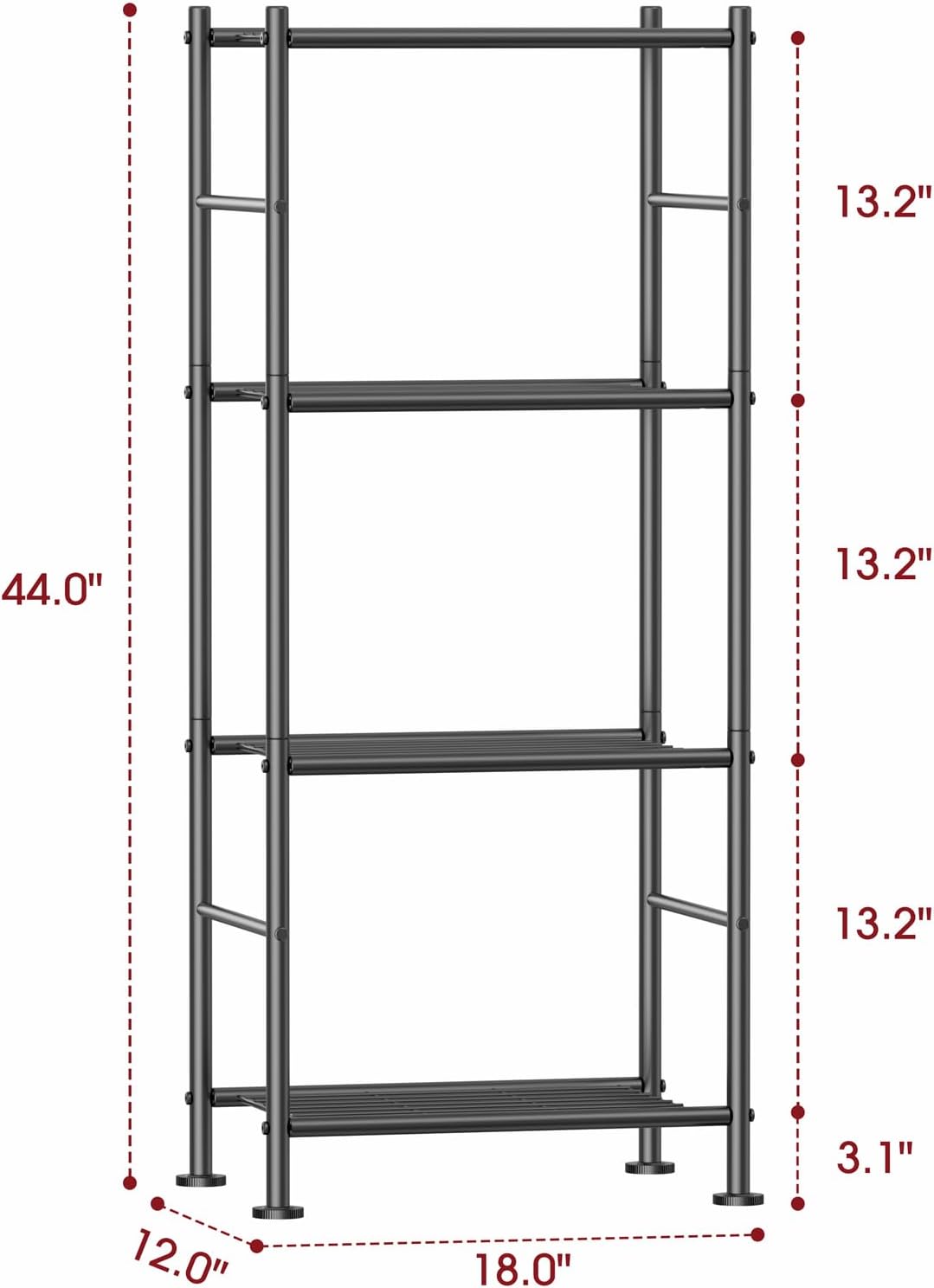 3-Tier Metal Storage Shelves Adjustable Feet, 18"x12"x30", Black