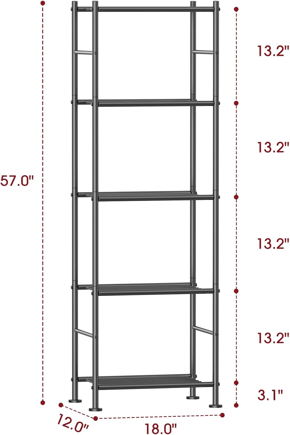 3-Tier Metal Storage Shelves Adjustable Feet, 18"x12"x30", Black