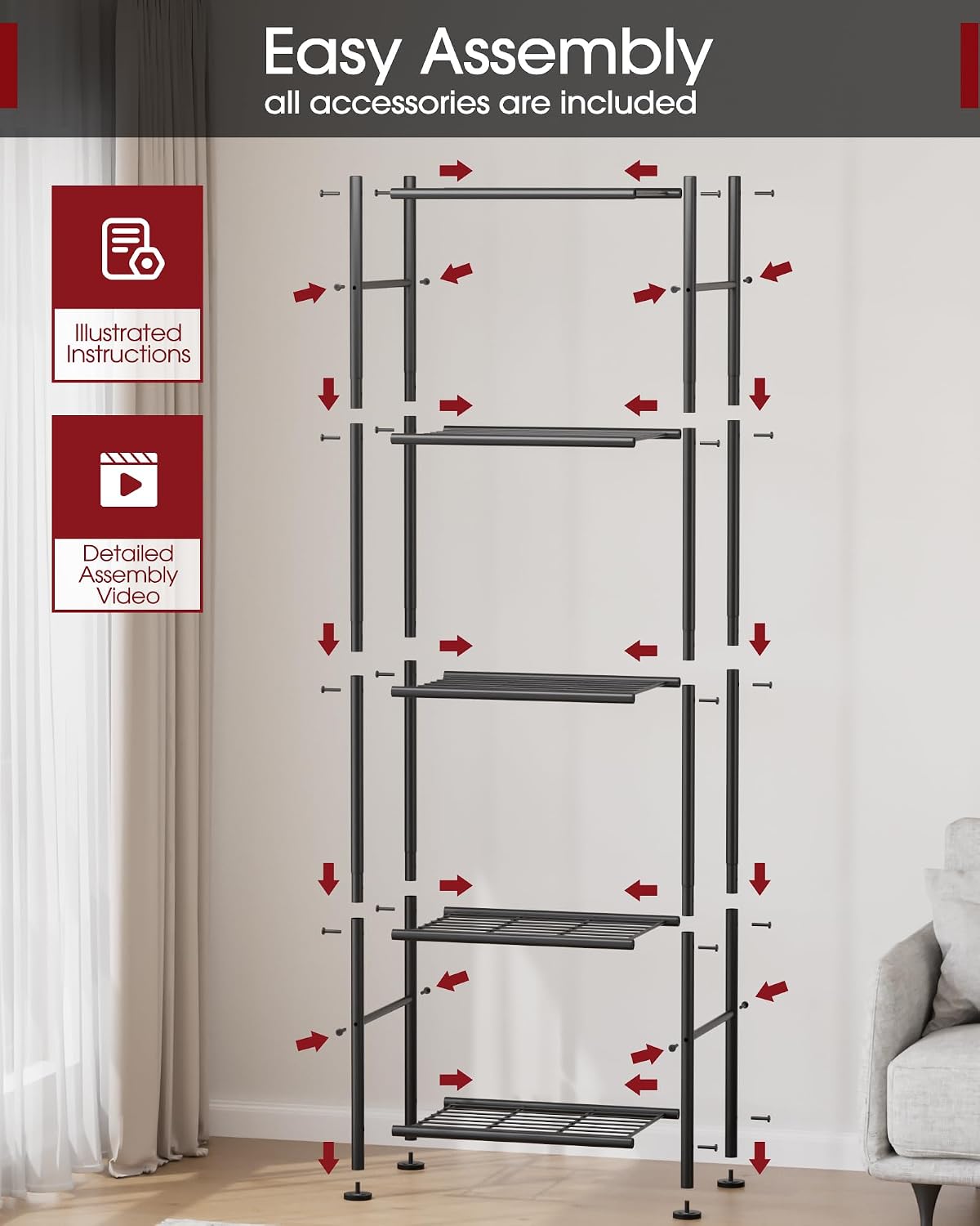 3-Tier Metal Storage Shelves Adjustable Feet, 18"x12"x30", Black