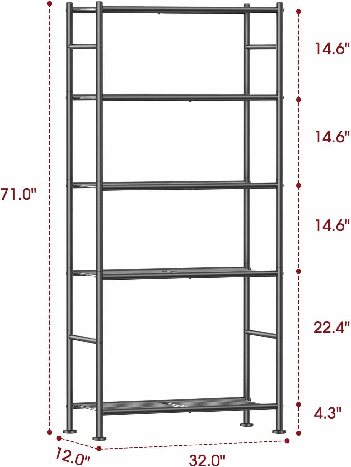 3-Tier Metal Storage Shelves Adjustable Feet, 18"x12"x30", Black