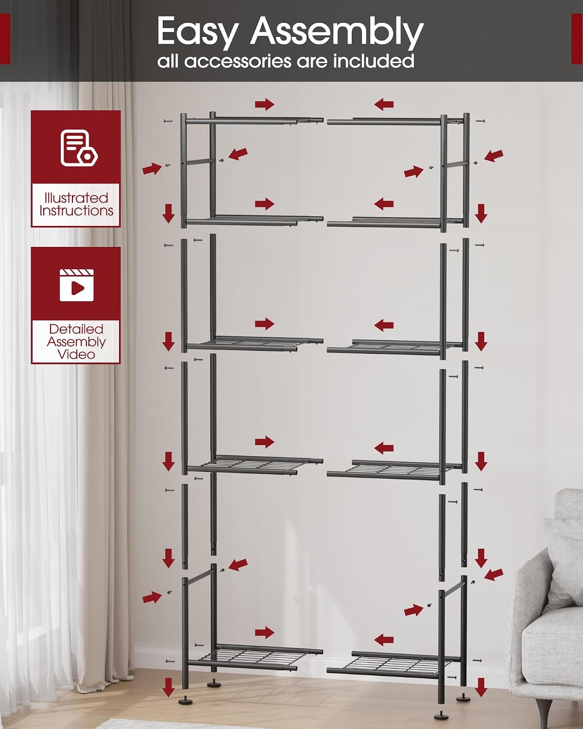 3-Tier Metal Storage Shelves Adjustable Feet, 18"x12"x30", Black