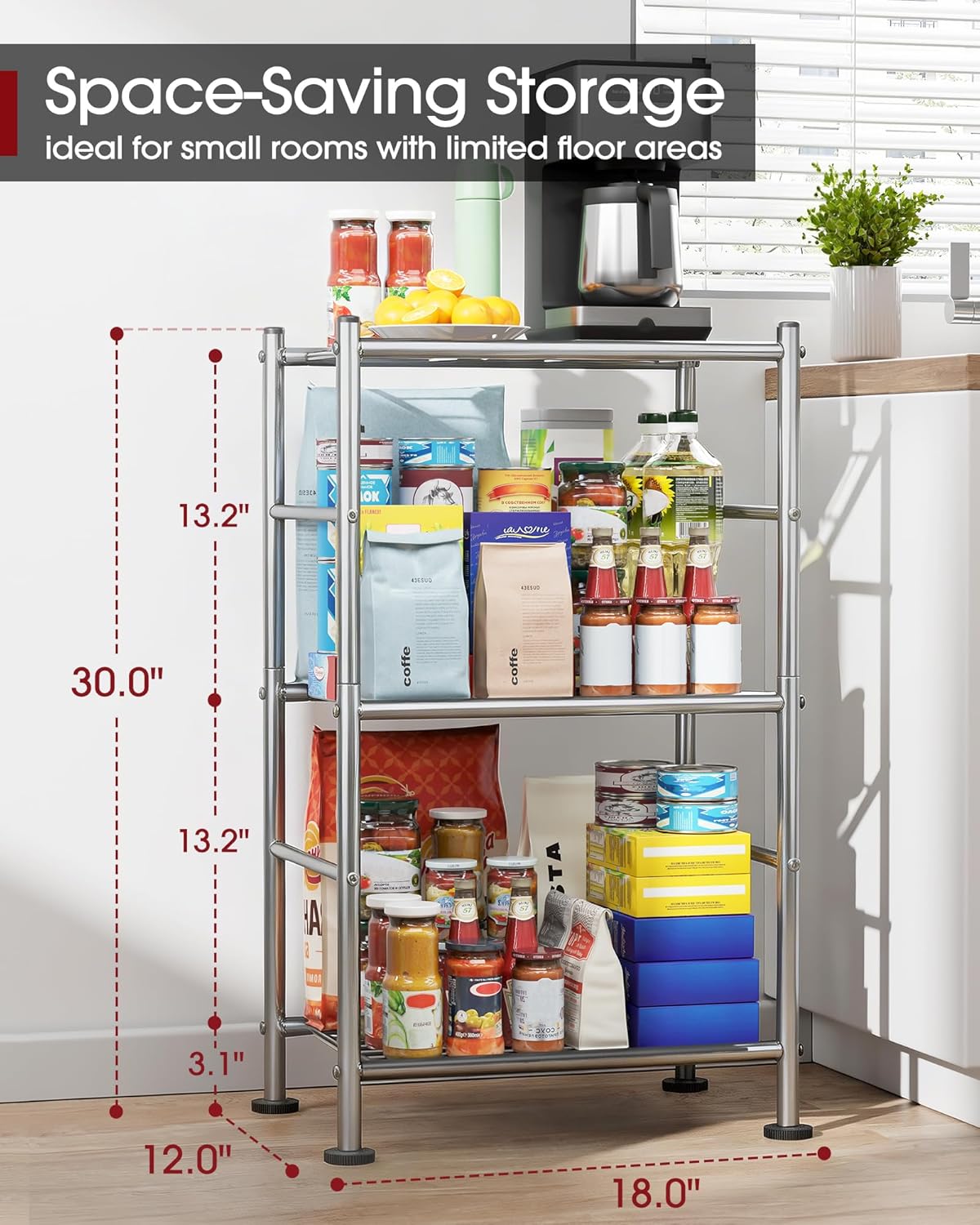 3-Tier Metal Storage Shelves Adjustable Feet, 18"x12"x30", Black