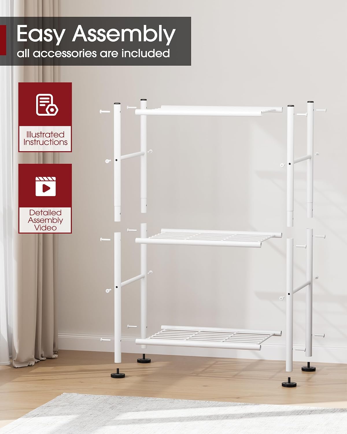 3-Tier Metal Storage Shelves Adjustable Feet, 18"x12"x30", Black