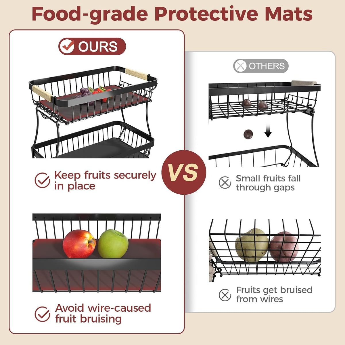2-Tier Fruit Basket with Banana Hangers, Detachable Metal Bowl | Wooden handle, protective mats included. Versatile holder for bread, snacks, and veggies. Large 2 tier metal design.