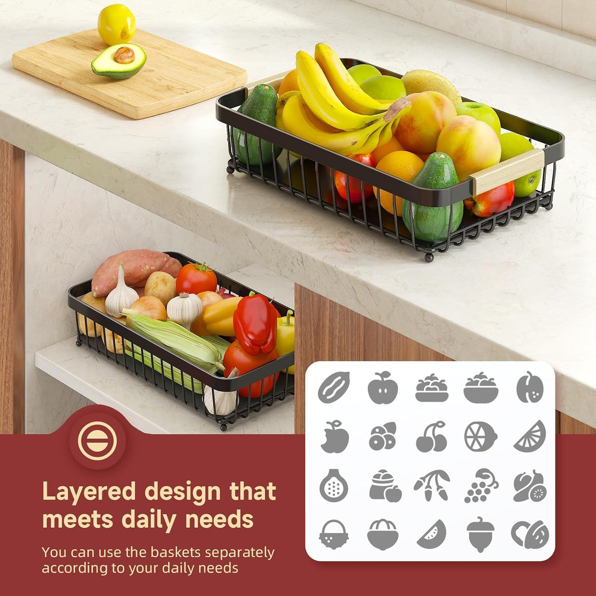 2-Tier Fruit Basket with Banana Hangers, Detachable Metal Bowl | Wooden handle, protective mats included. Versatile holder for bread, snacks, and veggies. Large 2 tier metal design.