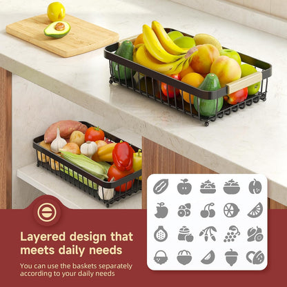 2-Tier Fruit Basket with Banana Hangers, Detachable Metal Bowl | Wooden handle, protective mats included. Versatile holder for bread, snacks, and veggies. Large 2 tier metal design.