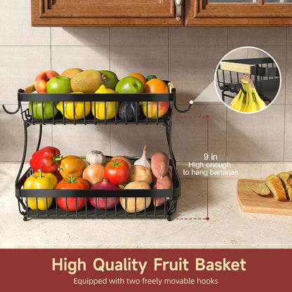 2-Tier Fruit Basket with Banana Hangers, Detachable Metal Bowl | Wooden handle, protective mats included. Versatile holder for bread, snacks, and veggies. Large 2 tier metal design.