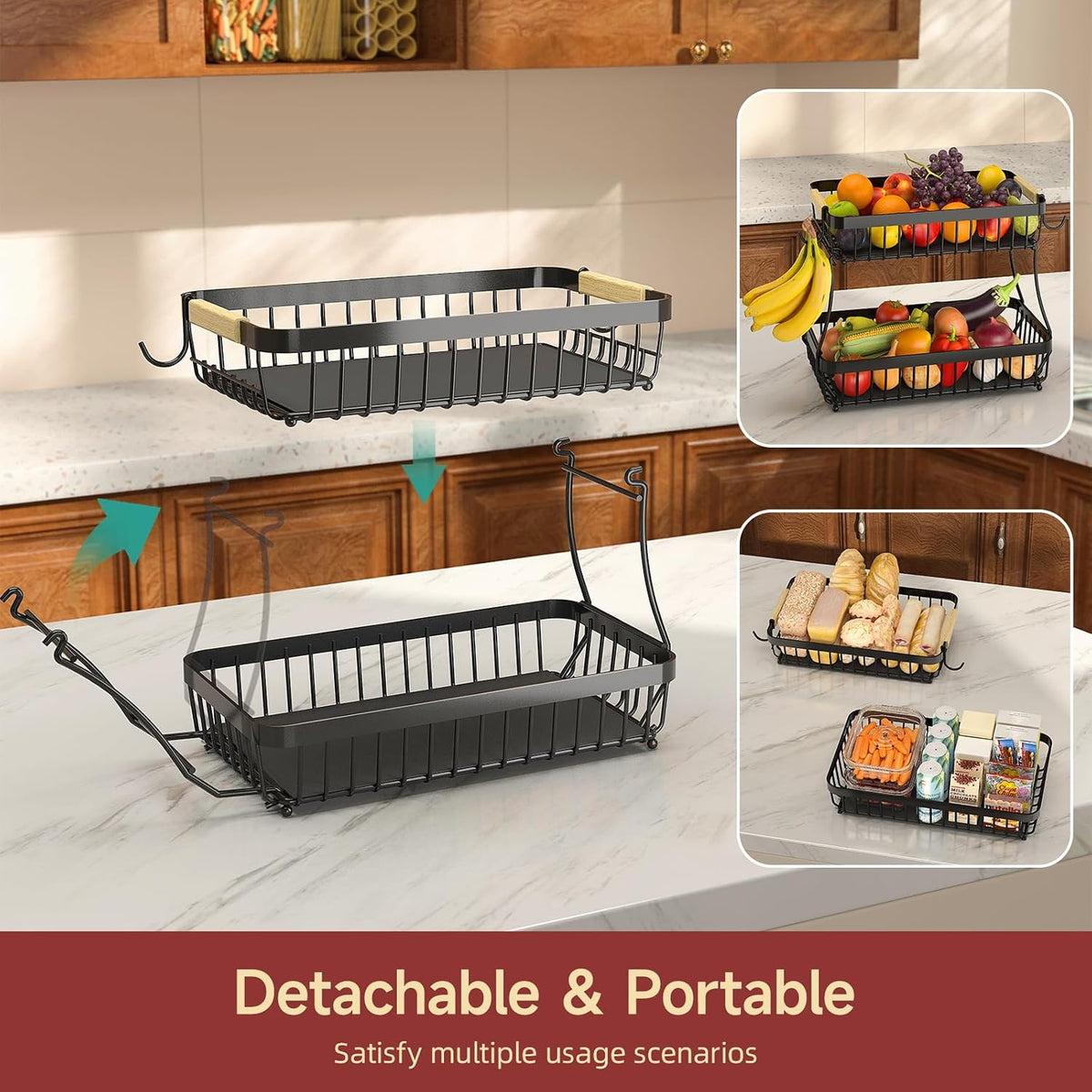2-Tier Fruit Basket with Banana Hangers, Detachable Metal Bowl | Wooden handle, protective mats included. Versatile holder for bread, snacks, and veggies. Large 2 tier metal design.