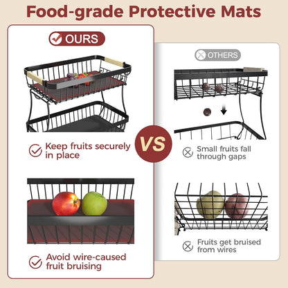 2-Tier Fruit Basket with Banana Hangers, Detachable Metal Bowl | Wooden handle, protective mats included. Versatile holder for bread, snacks, and veggies. Large 2 tier metal design.
