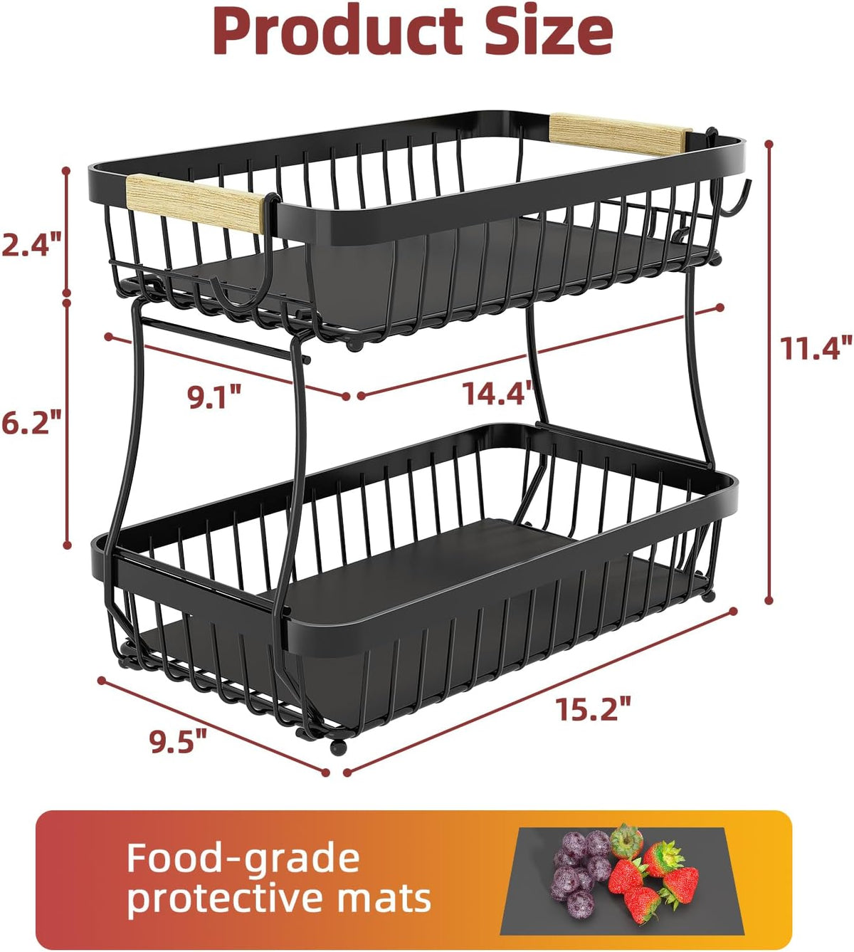 2-Tier Fruit Basket with Banana Hangers, Detachable Metal Bowl | Wooden handle, protective mats included. Versatile holder for bread, snacks, and veggies. Large 2 tier metal design.