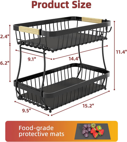 2-Tier Fruit Basket with Banana Hangers, Detachable Metal Bowl | Wooden handle, protective mats included. Versatile holder for bread, snacks, and veggies. Large 2 tier metal design.