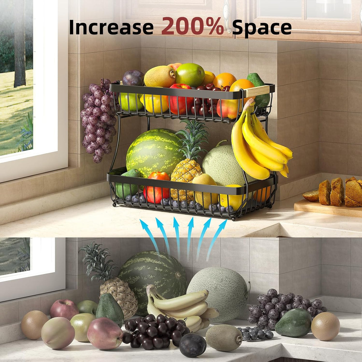 2-Tier Fruit Basket with Banana Hangers, Detachable Metal Bowl | Wooden handle, protective mats included. Versatile holder for bread, snacks, and veggies. Large 2 tier metal design.