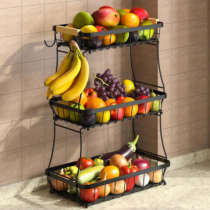 2-Tier Fruit Basket with Banana Hangers, Detachable Metal Bowl | Wooden handle, protective mats included. Versatile holder for bread, snacks, and veggies. Large 2 tier metal design.