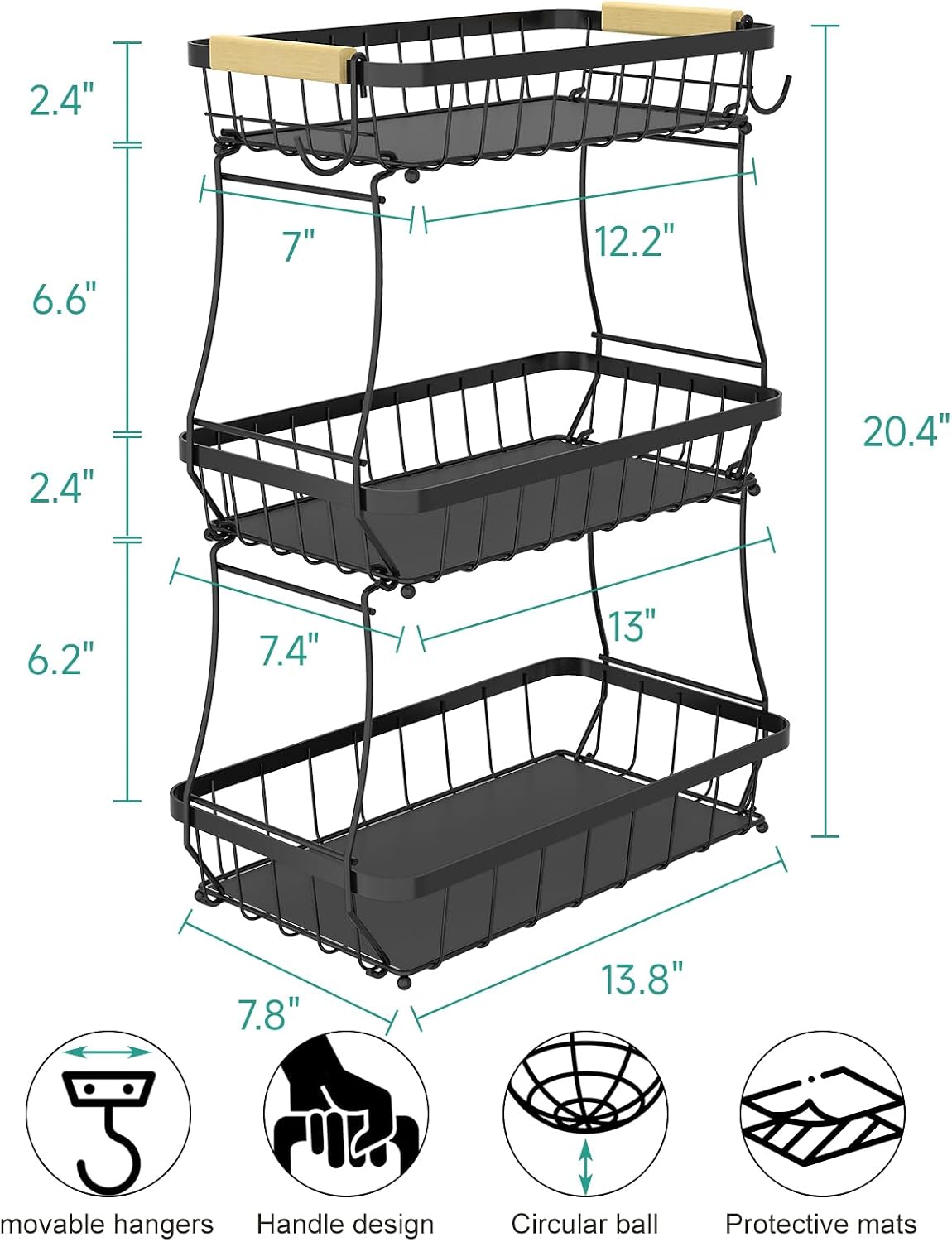 2-Tier Fruit Basket with Banana Hangers, Detachable Metal Bowl | Wooden handle, protective mats included. Versatile holder for bread, snacks, and veggies. Large 2 tier metal design.