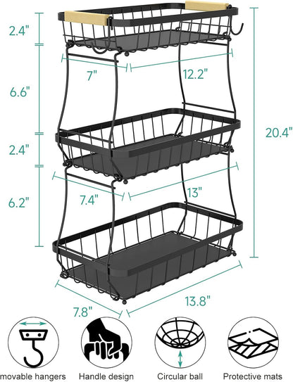 2-Tier Fruit Basket with Banana Hangers, Detachable Metal Bowl | Wooden handle, protective mats included. Versatile holder for bread, snacks, and veggies. Large 2 tier metal design.