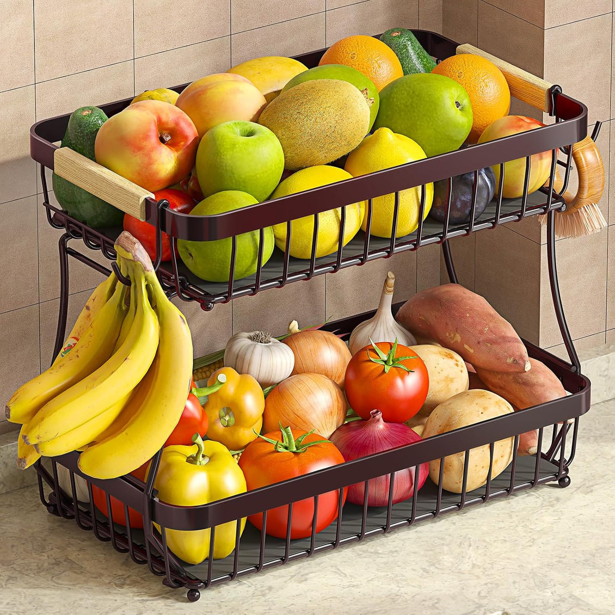 2-Tier Fruit Basket with Banana Hangers, Detachable Metal Bowl | Wooden handle, protective mats included. Versatile holder for bread, snacks, and veggies. Large 2 tier metal design.