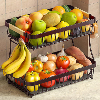 2-Tier Fruit Basket with Banana Hangers, Detachable Metal Bowl | Wooden handle, protective mats included. Versatile holder for bread, snacks, and veggies. Large 2 tier metal design.