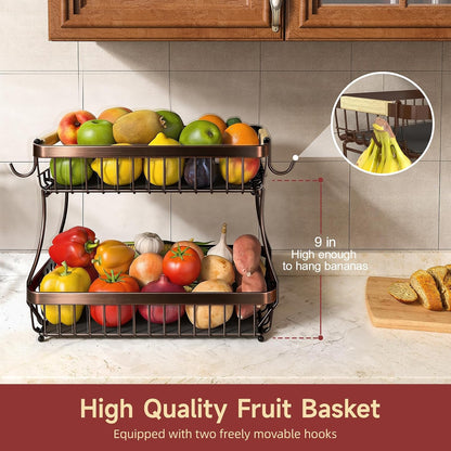 2-Tier Fruit Basket with Banana Hangers, Detachable Metal Bowl | Wooden handle, protective mats included. Versatile holder for bread, snacks, and veggies. Large 2 tier metal design.