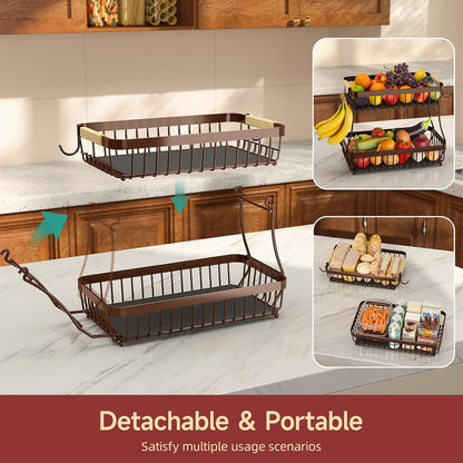 2-Tier Fruit Basket with Banana Hangers, Detachable Metal Bowl | Wooden handle, protective mats included. Versatile holder for bread, snacks, and veggies. Large 2 tier metal design.