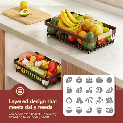 2-Tier Fruit Basket with Banana Hangers, Detachable Metal Bowl | Wooden handle, protective mats included. Versatile holder for bread, snacks, and veggies. Large 2 tier metal design.