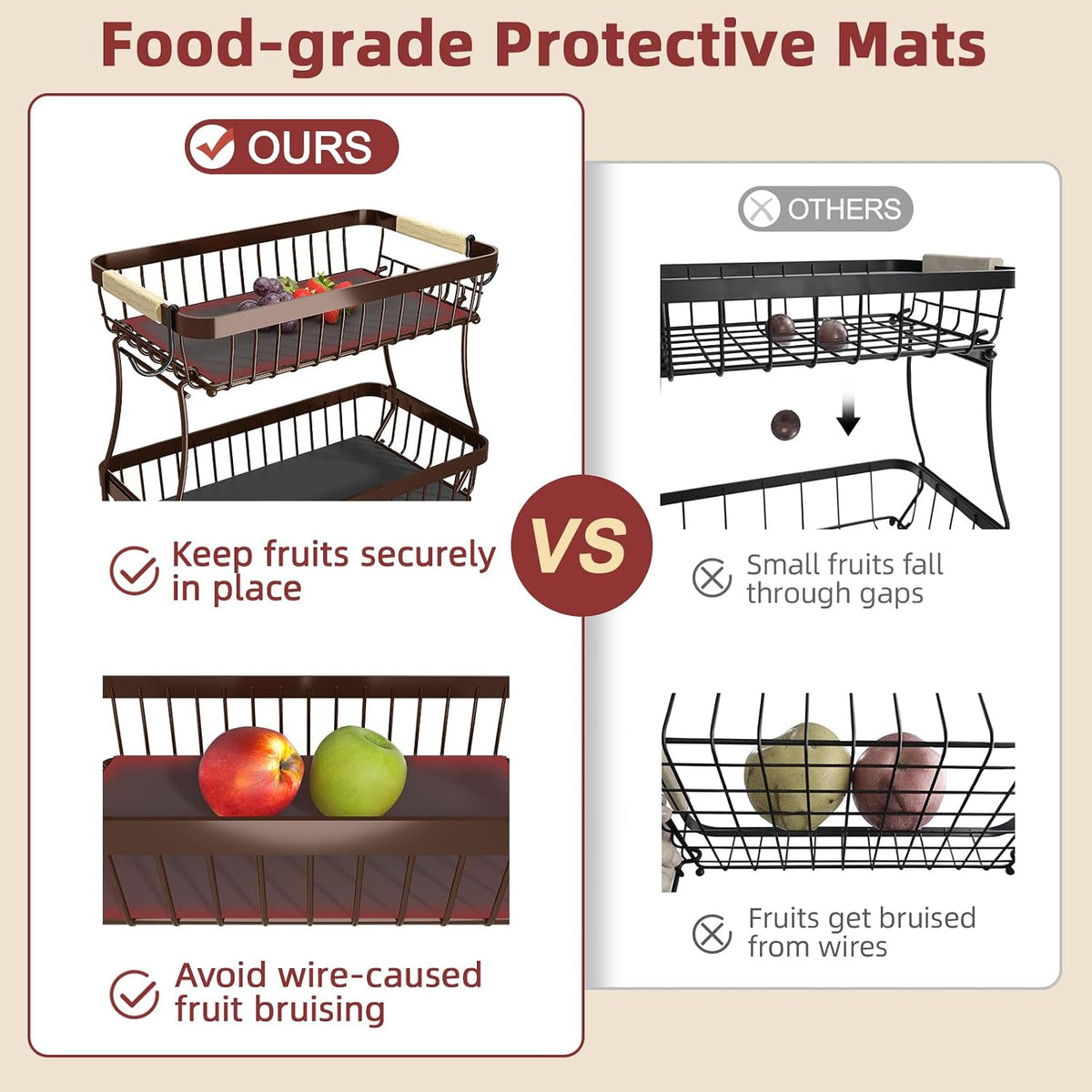 2-Tier Fruit Basket with Banana Hangers, Detachable Metal Bowl | Wooden handle, protective mats included. Versatile holder for bread, snacks, and veggies. Large 2 tier metal design.