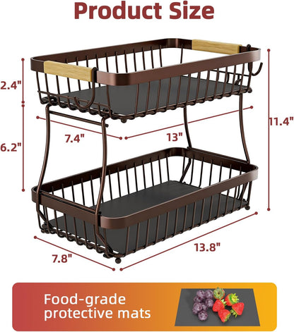 2-Tier Fruit Basket with Banana Hangers, Detachable Metal Bowl | Wooden handle, protective mats included. Versatile holder for bread, snacks, and veggies. Large 2 tier metal design.