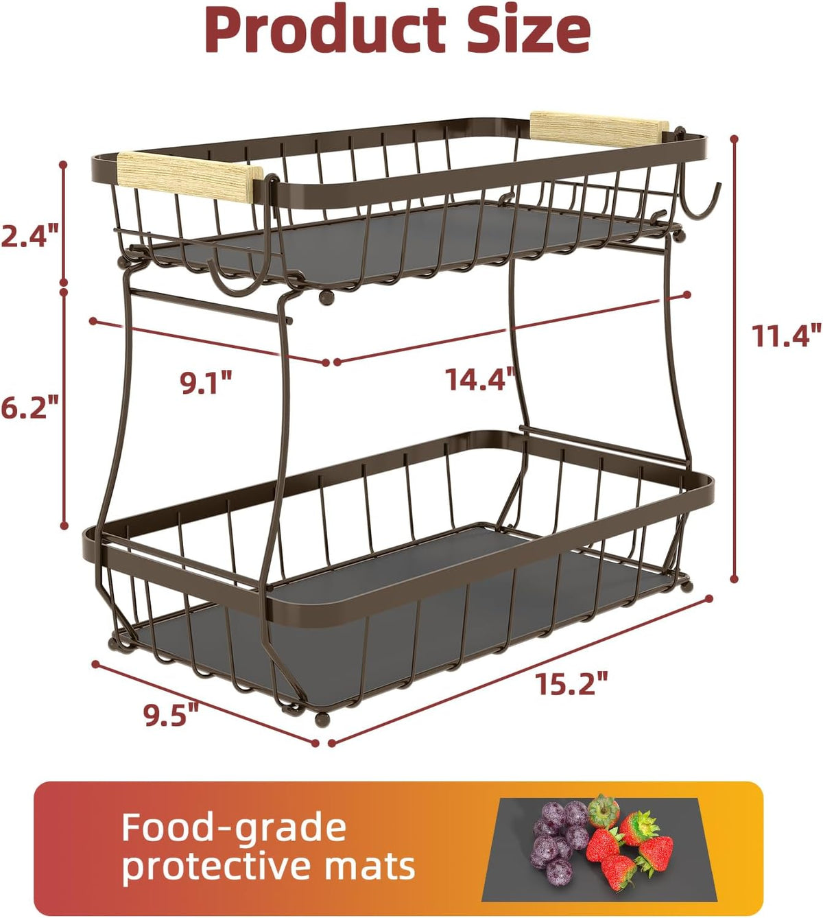 2-Tier Fruit Basket with Banana Hangers, Detachable Metal Bowl | Wooden handle, protective mats included. Versatile holder for bread, snacks, and veggies. Large 2 tier metal design.