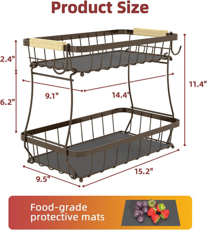 2-Tier Fruit Basket with Banana Hangers, Detachable Metal Bowl | Wooden handle, protective mats included. Versatile holder for bread, snacks, and veggies. Large 2 tier metal design.